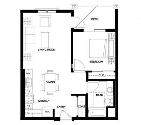 Floor plan for 1 bed, 1 bath, 835 sqft